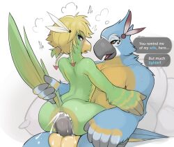 anal anthro ass avian balls bird blue_body blue_eyes blush bodily_fluids breath_of_the_wild cum cum_in_ass cum_inside duo english_text feathers gay genital_fluids genitals green_body hair hi_res humanoid_genitalia humanoid_penis infidelity kass_(tloz) kass_(zelda) link link_(rito_form) male male/male multicolored_body muscular muscular_male nintendo pecs penis pillow ponytail rito simple_background size_difference smile sweat tail tail_feathers tail_grab text the_legend_of_zelda two_tone_body unknown_artist_(artist) winged_arms wings yellow_eyes