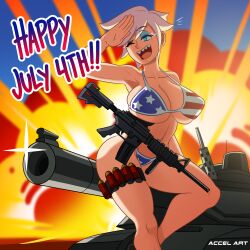 accelart american_flag big_ass big_breasts big_butt bikini bikini_top celebration explosion gun guns happy nipple_bulge posing tank united_states_of_america white_hair world_cup