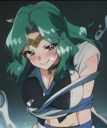 ai_generated bishoujo_senshi_sailor_moon blush bondage breasts clothing green_hair large_breasts michiru_kaiou midriff sailor_neptune tiara tied_up