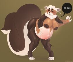 anthro areola ass belly big_belly big_breasts big_butt big_tail bodily_fluids breasts brown_areola dialogue english_text female hand_on_stomach hi_res kyoriichi lactating mammal nude pregnant pregnant_female procyonid raccoon shaking solo tail text thick_thighs trembling