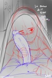 bangs blue_lineart blush buckteeth freckles hearts_around_text kara_eklund_(hitsujigoods) madmark neet neet_girl on_bed red_lineart sketch text wholesome wip