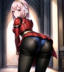 ai_generated armor armored_dress ass ass_focus blush breastplate breasts cameltoe dress female fire_emblem fire_emblem_engage from_behind hairband lapis_(fire_emblem) leaning leaning_forward looking_at_viewer maxipizza panties panties_under_pantyhose pantyhose pink_eyes pink_hair shiny shiny_clothes shiny_hair short_dress short_hair skirt solo