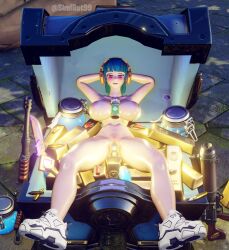 1girls 3d 3d_(artwork) anal_insertion anus blender_(software) bob_cut cyan_hair female_only fortnite gold_(metal) gold_bar gun hands_behind_head headphones large_breasts laying_on_back looking_at_viewer outside presenting pussy red_eyes shiny_skin shoes short_hair skulrot99 smile solo_female thick_thighs treasure_chest vaginal_insertion yuki_(fortnite)