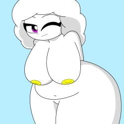 chubby_female cloud_humanoid jacksita1234 lily_storm_(jacksito) one_eye_closed purple_eyes white_hair white_skin yellow_nipples