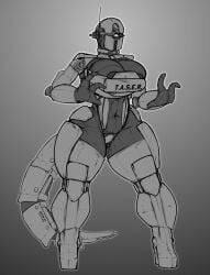 1girls 3_fingers assaultron fallout fallout_4 high_heels living_machine monochrome nolollygagging robot simple_background tail thick_thighs