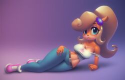 2014 activision anthro arm_support bandicoot big_breasts biped blonde_hair blue_eyes bottomwear breasts cleavage clothed clothing coco_bandicoot crash_(series) crash_(series) curvy_figure denim denim_clothing female hair jeans leaning_on_elbow lips lipstick lying makeup mammal marsupial navel nitro on_side pants pink_lips simple_background solo voluptuous wide_hips