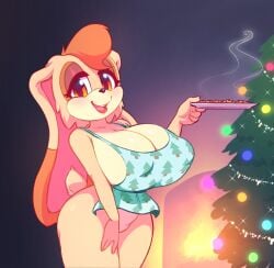 anthro apron apron_only big_breasts breasts christmas christmas_lights christmas_tree clothing cookie female food hi_res holidays lagomorph leporid looking_at_viewer mammal mature_anthro mature_female mostly_nude naked_apron nitro open_mouth plant plate rabbit sega smile solo sonic_(series) sonic_the_hedgehog_(series) steam thick_thighs tree vanilla_the_rabbit wide_hips