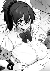 1girls 2d arm_band big_breasts breasts breasts_bigger_than_head breasts_on_table chairman_(try) curvy curvy_female curvy_figure desk doujinshi emotionless erection expressionless female female_focus glasses handjob huge_breasts kazama_ritsuko male male/female miniskirt monochrome multiple_boys original penis penis_poke penis_poking_breast poking poking_breasts poking_penis ponytail pubic_hair school school_uniform schoolgirl sexual_relief_duty skirt story sweat sweatdrop table tied_hair try try_(lsc) unamused watch wristband