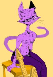 annoyed anthro breasts bremen_avenue_experience feline feline jeans looking_at_viewer purple_body robotdisorder sitting small_breasts