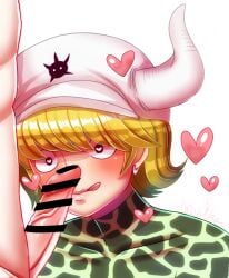 2boys androgynous azagawa_washiko bar_censor blonde_hair blush dellinger erection femboy fish-men_(one_piece) gay hat heart heart-shaped_pupils horns imminent_oral licking_lips looking_at_penis male male_only one_piece penis smile solo_focus twink yaoi