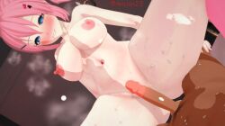 1boy 1girls 3d arechin blue_eyes blush breasts female male nipples penis pink_hair sailmys sweat tummy virtual_youtuber