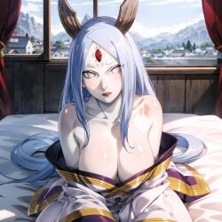 3_eyes ai_generated alyxra bed big_breasts blush breasts byakugan curtains embarrassed extremely_long_hair gilf goddess horns indoors kimono kneeling large_breasts lavender_eyes lipstick long_hair makeup mature mature_female milf multi_eye naruto naruto_(series) naruto_shippuden on_bed open_kimono otsutsuki_kaguya pale_skin red_eye rinne_sharingan sagging_breasts sitting sitting_on_bed stable_diffusion very_long_hair voluptuous wafuku white_hair white_skin window