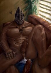 2022 2boys 5_fingers bara bingjikong couch couch_sex cum_dripping_from_penis cum_pool cybernetic_limb cybernetics detailed_background extend_(species) hand_on_thigh humanoid juzo_inui looking_angry muscular_male no_guns_life one_leg_up penis_vein pixiv spread_legs veiny_penis