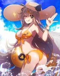 1girls ass bat bat_ears beach_ball beach_hat bikini bracelet breasts omega_strikers one_eye_closed simple_background sonii tongue_out virtual_youtuber vtuber water wave