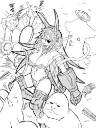 1girls anteater arms_behind_back black_panties broken_weapon calamaria captured_heroine collar colorless crying crying_with_one_eye_closed defeated_heroine firm_breasts gorilla gory_(battle_cats) grabbing_leg halo headband heart human large_breasts long_gloves long_hair long_tongue looking_at_ass master_a_(the_battle_cats) metal_boots metal_bra metal_gloves nipple_peek nipple_slip restrained shoulders smiling squid tentacle tentacle_wrapped_around_arm the_battle_cats thighhigh_boots thundia