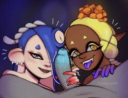 1boy 2girls big_penis black_female blue_hair dark-skinned_female dark_skin deep_cut_(splatoon) duo_focus erection fangs female female_focus foreskin frye_(splatoon) hair_ornament holding_penis imminent_fellatio imminent_oral inkling inkling_girl kumasncreme light-skinned_female light_skin long_nails looking_at_viewer male male_focus octoling octoling_girl open_mouth penis piercings pointy_ears seductive seductive_look seductive_smile shiver_(splatoon) smile smiling_at_viewer splatoon splatoon_(series) splatoon_3 spread_legs tentacle_hair tongue_out yellow_hair