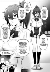 1girls 2d arm_band big_breasts blush breasts breasts_bigger_than_head casual chairman_(try) curvy curvy_female curvy_figure dialogue doujinshi edit emotionless english english_text expressionless female female_focus glasses huge_breasts kazama_ritsuko miniskirt monochrome multiple_boys original ponytail school school_uniform schoolgirl sexual_relief_duty skirt speech_bubble story sweat sweatdrop text text_bubble tied_hair translated try try_(lsc) unamused watch wristband