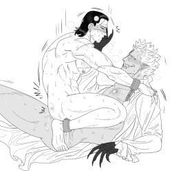 2boys anal anal_sex black_hair black_hair_bottom blonde_hair blonde_hair_on_black_hair blonde_hair_top bodily_fluids claws completely_nude demon demon_boy domination donquixote_doflamingo fangs gay grin hair_slicked_back halloween hand_on_another's_face implied_anal light_hair_on_dark_hair long_fingernails male male_only mg_cls monochrome monster_boy muscular muscular_male nude one_piece pointy_ears profile scar scars shackles sharp_claws sharp_fingernails sir_crocodile smile squatting straddling yaoi