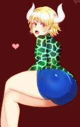 androgynous ass azagawa_washiko big_ass blonde_hair bubble_butt crossed_legs dellinger earrings fangs femboy fish-men_(one_piece) fully_clothed horns humanoid looking_back male male_only one_piece open_mouth pink_eyes shiny_hair shorts sitting solo