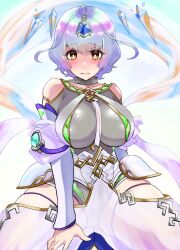 1girls bare_shoulders bare_thighs blue_hair bodystocking breasts collar collarbone embarrassed female female_focus fire_emblem fire_emblem_heroes frown girl_on_top large_breasts looking_at_viewer multicolored_hair nintendo pov see-through seidr_(fire_emblem) short_hair shoulders sitting_on_person solo_focus tetsuji_(i_ttj_f_c) thick_thighs thighs white_background yellow_eyes