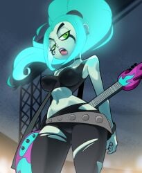 1girls big_breasts blue_hair busty choker clothing conveniently_torn_clothing coolerinker danny_phantom ember_mclain female female_focus female_only ghost ghost_girl glowing_eyes glowing_hair green_eyes guitar inker_comics inkershike large_breasts legs looking_at_viewer looking_down looking_down_at_viewer midriff naughty_face navel pale_skin rockstar solo solo_focus spread_legs standing tank_top thick_thighs thighs tongue tongue_out torn_clothes voluptuous