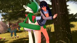 1boy 1girls 3d 3d_(artwork) against_tree black_hair bra_lift brown_eyes creatures_(company) fan_character feral_on_female feral_on_human feral_penetrating feral_penetrating_human from_behind gallade game_freak happy_sex human_on_pokemon interspecies koikatsu light-skinned_female long_hair male/female male_penetrating_female male_pokemon/female_human not_furry outdoors partially_clothed pokémon pokémon_(species) pokémon_trainer poképhilia pokemon pokemon_(species) pokemon_legends:_arceus pokemon_legends_arceus pokemon_trainer pokephilia self_upload sex sexual_intercourse shirt_lift small_breasts standing standing_sex straight straight_sex tagme