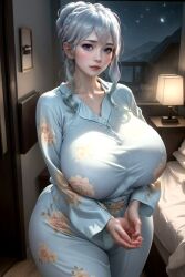 ai_generated alternate_breast_size bedroom blue_eyes blue_pajamas blush child_bearing_hips eyelashes floral_print gigantic_breasts huge_breasts looking_at_viewer night_sky shiny_hair shiny_skin silver_hair skin_tight stable_diffusion thick_thighs tight_clothing wide_hips window young_woman yuki_onna yukino_(zeroshiki_kouichi)