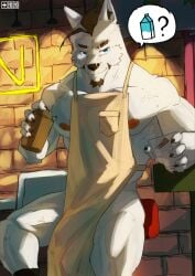 2023 anthro apron apron_only areola beard biceps brown_hair bulge canid canine canis clothing dialogue digital_media_(artwork) eyebrows facial_hair fur hair hi_res holding_object i_mean_breast_milk inside male mammal meme monster+ muscular muscular_anthro muscular_male muscular_thighs nipples pecs pictographics quads smile solo speech_bubble talking_to_viewer thick_thighs vein veiny_muscles white_body white_fur wolf