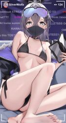 1girls bikini black_bikini comments console female female_focus female_only gaming glasses glasses_on_forehead glasses_on_head gray_hair grey_eyes hair_clips honkai:_star_rail honkai_(series) jacket light-skinned_female light_skin livestream looking_at_viewer mask masked masked_female open_jacket ponytail silver_eyes silver_hair silver_wolf_(honkai:_star_rail) skai_kun small_breasts solo tagme