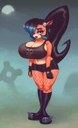 1girls 2019 accessory activision annoyed anthro bandicoot bare_shoulders bare_thighs big_breasts bimbo black_boots black_bottomwear black_clothing black_footwear black_gloves black_hair black_handwear black_lipstick black_nose black_topwear blue_hair bone boots bottomwear breasts cemetery cleavage clothed clothing coco_bandicoot crash_(series) curled_hair dark_coco detailed_background digital_media_(artwork) ear_piercing ear_ring evil_coco eyelashes eyeliner eyeshadow female female_only fingerless_gloves fishnet fishnet_legwear fishnets fog footwear full-length_portrait fur gloves goth goth_girl hair_accessory hair_over_eye hairclip handwear hi_res huge_breasts legwear lipstick long_hair looking_at_viewer makeup mammal marsupial midriff moon multicolored_body multicolored_fur multicolored_hair navel night nitro one_eye_obstructed orange_body orange_fur outside pantyhose piercing ponytail ring_piercing shirt skull solo spikes standing tank_top tombstone topwear two_tone_body two_tone_fur two_tone_hair