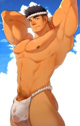 1boy abs armpits arms_behind_head arms_up balls_in_underwear bara biceps big_muscles black_hair brown_nipples bulge closed_mouth cloud covered_penis facial_hair flaccid flaccid_penis fundoshi fundoshi_only hands_behind_head headband hidora_art highres human human_only japanese_clothes large_pectorals looking_at_viewer male male_focus male_only male_pubic_hair muscles muscular muscular_male navel nipples original pecs pectorals penis penis_in_underwear penis_peek pubic_hair see-through short_hair sky smile solo solo_focus solo_male thick_eyebrows thick_penis underwear underwear_only wet wet_body wet_clothes wet_fundoshi wet_skin wet_underwear white_fundoshi white_headband white_underwear