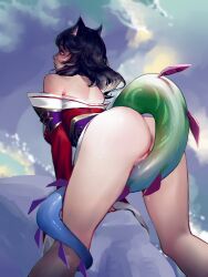 1girls 9_tails ahri animal_ears ass bare_shoulders bent_over black_hair dat_ass detached_sleeves disguise dripping facial_mark feet_out_of_frame female female_focus female_only fox_ears highres hua_zhong_yu korean_clothes kumiho league_of_legends long_hair neeko nine_tailed_fox no_panties off_shoulder pussy pussy_juice pussy_juice_drip riot_games shapeshifter shiny_skin solo solo_female solo_focus tail thick thick_ass thick_thighs thighs vastaya