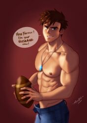 1boy alex_(stardew_valley) american_football big_pecs brown_hair cocky dialogue english_text green_eyes looking_at_viewer male male_only mondoart muscular pants shell_necklace shirtless smile smiling_at_viewer smirk smirking_at_viewer smug solo solo_male stardew_valley talking_to_viewer unbuttoned_pants