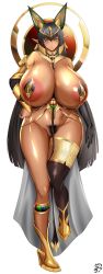 1girls animal_ears areolae black_hair breasts brown_skin dark-skinned_female dark_skin egyptian female gan-metal green_eyes hi_res hips huge_breasts last_origin long_hair massive_breasts nipples pointy_ears pubic_hair pussy revealing_clothes sekhmet_of_death thick_thighs thighs useless_clothing voluptuous wide_hips