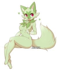 anthro furry green_fur heart no_nipples pokemon pokemon_sv red_eyes sprigatito teranen white_background