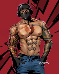 1boy balaclava bandit_(rainbow_six) glove gloves gloves_on hands_in_pockets heart_tattoo helmet jeans looking_at_viewer male male_only mask masked masked_male piston rainbow_six rainbow_six_siege shirtless shirtless_(male) shirtless_male sleeve_tattoo solo solo_focus solo_male tattoo tattoo_on_arm tattoo_on_belly tattoo_on_chest tattoo_sleeve tattooed_arm tattooed_chest tattooed_male tattooed_shoulder tattoos tom_clancy topless topless_male ubisoft