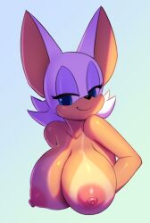 2017 anthro areolae bat big_breasts black_nose blue_eyes breasts bust_portrait cleavage eyelashes eyeshadow female fur hair half-closed_eyes huge_breasts makeup mammal narrowed_eyes nipples nitro portrait rouge_the_bat sega simple_background smile solo sonic_(series) sonic_the_hedgehog_(series) tan_body tan_line tan_skin white_body white_fur white_hair