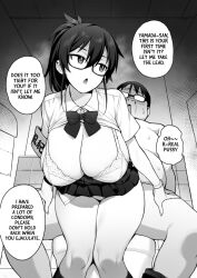 1boy 1boy1girl 1girls 2d bathroom big_breasts bra breasts breasts_bigger_than_head breasts_out chairman_(try) dialogue doggy_style doujinshi edit emotionless english english_text expressionless fat_man female female_focus glasses huge_breasts kazama_ritsuko male male/female male_virgin miniskirt monochrome original ponytail school school_uniform schoolgirl sex sexual_relief_duty size_difference speech_bubble straight sweat sweatdrop text text_bubble toilet translated try try_(lsc) unbuttoned unbuttoned_shirt vaginal_penetration vaginal_sex virgin