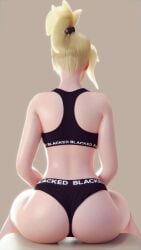 1girls 3d angela_ziegler big_ass blacked blacked_clothing blizzard_entertainment blonde_hair female female_only gladionanimated light-skinned_female light_skin long_hair mercy overwatch ponytail sitting solo sports_bra sportswear thin_waist thong underwear