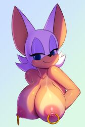 2017 anthro areolae bat big_breasts black_nose blue_eyes breasts bust_portrait cleavage eyelashes eyeshadow female fur hair half-closed_eyes huge_breasts makeup mammal narrowed_eyes nipple_piercing nipples nitro portrait ring_piercing rouge_the_bat sega simple_background smile solo sonic_(series) sonic_the_hedgehog_(series) tan_body tan_line tan_skin white_body white_fur white_hair