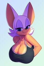 2017 anthro bat big_breasts big_ears black_nose blue_background blue_eyes breasts bust_portrait cleavage clothed clothing eyelashes eyeshadow female fur hair half-closed_eyes huge_breasts makeup mammal narrowed_eyes nitro portrait purple_eyeshadow rouge_the_bat sega shading shadow shiny_fur simple_background smile solo sonic_(series) sonic_the_hedgehog_(series) sports_bra tan_body tan_line tan_skin thick_eyebrows thin_arms white_body white_fur white_hair