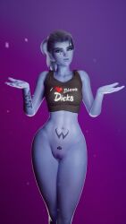 1girls 3d amelie_lacroix blizzard_entertainment blue_skin blue_skinned_female bottomless female female_only gladionanimated hourglass_figure looking_at_viewer mole mole_under_eye no_panties no_pants overwatch ponytail pussy queen_of_spades raceplay shrug simple_background smirk solo tattoo tattoo_on_belly tattooed_arm tattoos thin_waist toned_female widowmaker