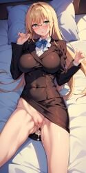 ai_generated arms_up ass bahamut0 blonde_hair blonde_hair blush breasts breasts cum cum_in_pussy glasses green_eyes long_hair looking_at_viewer mature_female on_back on_bed pov pussy skirt skirt_lift spread_legs suit teacher tearju_lunatique to_love-ru to_love-ru_darkness vagina