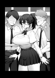 1girls 2d arm_band ass_grab big_breasts breast_grab breasts breasts_bigger_than_head button_gap chairman_(try) curvy curvy_female curvy_figure dialogue doujinshi edit emotionless erection expressionless female female_focus glasses groping group hand_on_crotch hand_on_penis hand_under_breasts huge_breasts implied_sex kazama_ritsuko looking_at_viewer male male/female miniskirt monochrome multiple_boys original ponytail school school_uniform schoolgirl sexual_relief_duty skirt speech_bubble straight supporting_breasts textless tied_hair try try_(lsc) unamused unbuttoned unbuttoned_shirt watch wristband