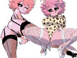 ashido_mina autism_express black_sclera choker garter_belt garter_straps highheels horns leopard_print leotard looking_back mina_ashido my_hero_academia pink_hair pink_skin presenting presenting_hindquarters solo_female spread_legs tongue