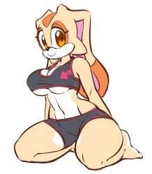 2017 aged_up anthro athletic_wear bare_shoulders barefoot big_breasts biped black_nose bottomwear bra breasts brown_eyes cleavage clothed clothing cream_the_rabbit crop_top dipstick_ears eyelashes feet female fur kneeling lagomorph leporid long_ears looking_at_viewer mammal midriff multicolored_body multicolored_ears multicolored_fur navel nitro orange_body orange_fur pose rabbit sega shirt shorts simple_background smile solo sonic_(series) sonic_the_hedgehog_(series) sports_bra tan_body tan_fur tank_top topwear under_boob underwear