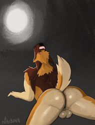 2023 anthro ass balls canid canine canis closed_eyes domestic_dog fritzbonn genitals german_shepherd herding_dog lying male male_only mammal nude on_front pastoral_dog pubes simple_background solo