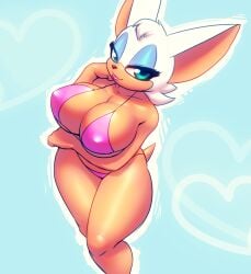 anthro bat big_breasts bikini black_nose blue_eyes breasts cleavage clothed clothing eyelashes eyeshadow female fur looking_at_viewer makeup mammal nitro rouge_the_bat sega simple_background smile solo sonic_(series) sonic_the_hedgehog_(series) swimwear