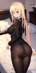 ai_generated ass bahamut0 blonde_hair blonde_hair blush breasts breasts clothed embarrassed glasses green_eyes long_hair looking_at_viewer looking_back mature_female pantyhose pussy teacher tearju_lunatique to_love-ru to_love-ru_darkness vagina