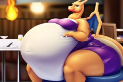 ai_generated anthro big_belly breasts charizard cynder_the_charizard dragon female huge_belly massive_belly nintendo novelai oc original_character pokémon_(species) pokemon pokemon_(species) stuffed_belly stuffing thick_thighs
